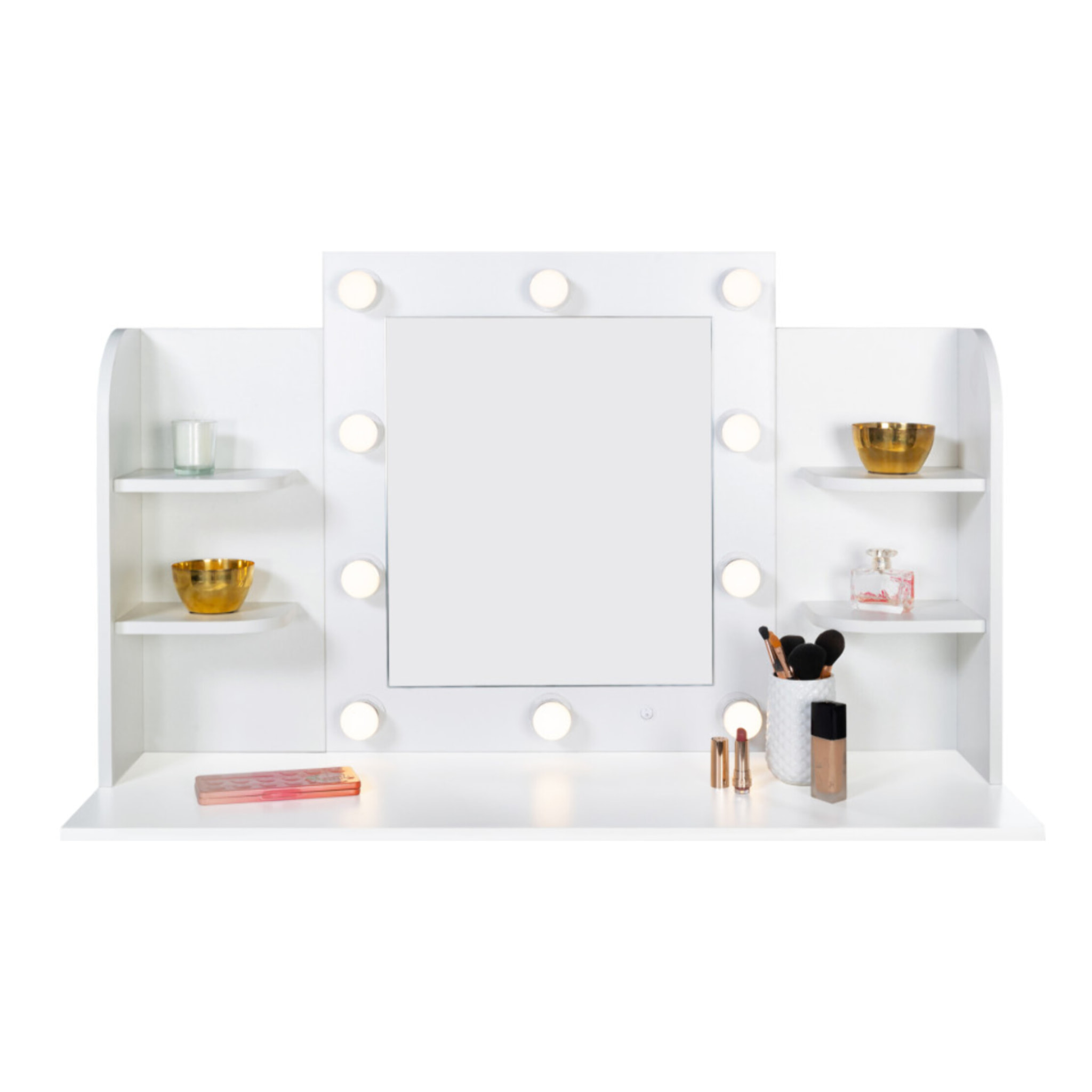 Coiffeuse Zita blanche double étagères, miroir LED et tabouret