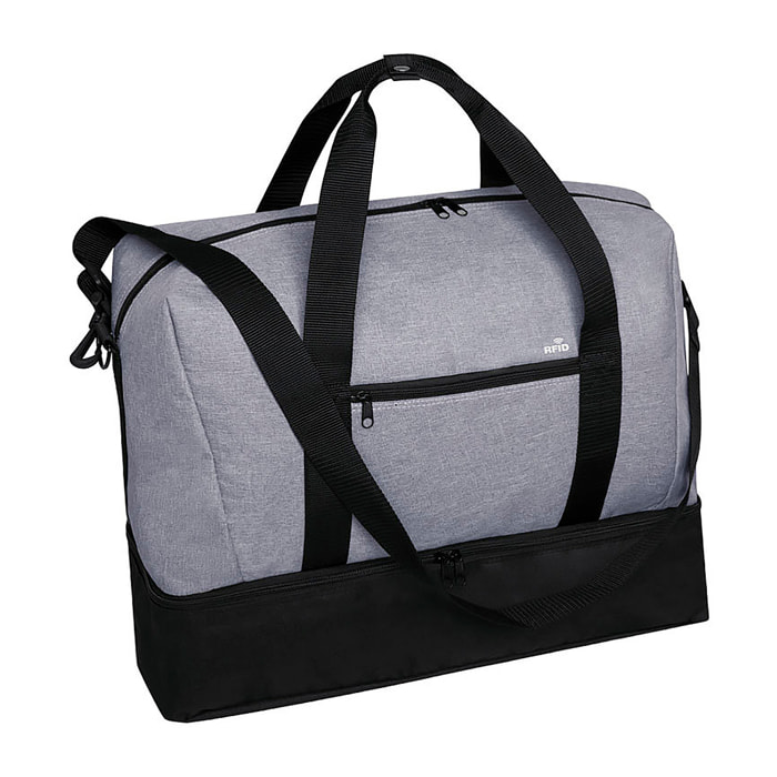 Bolso viaje poliester 6000D acabado denim con protector RFID. Compartimento Portazapatos