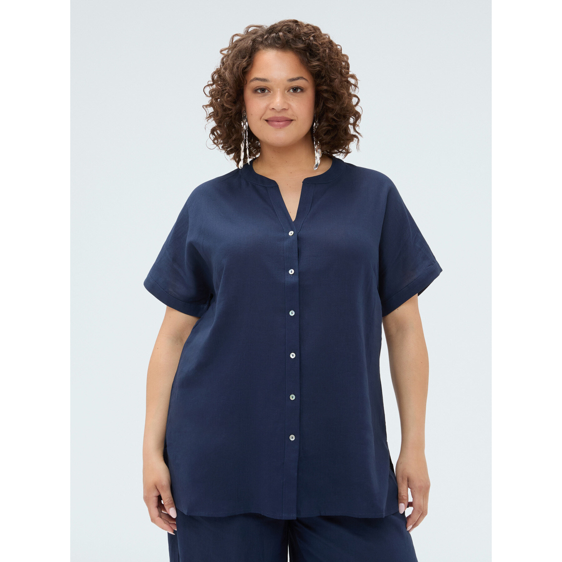 Fiorella Rubino - Camicia collo coreana in misto lino - Blu