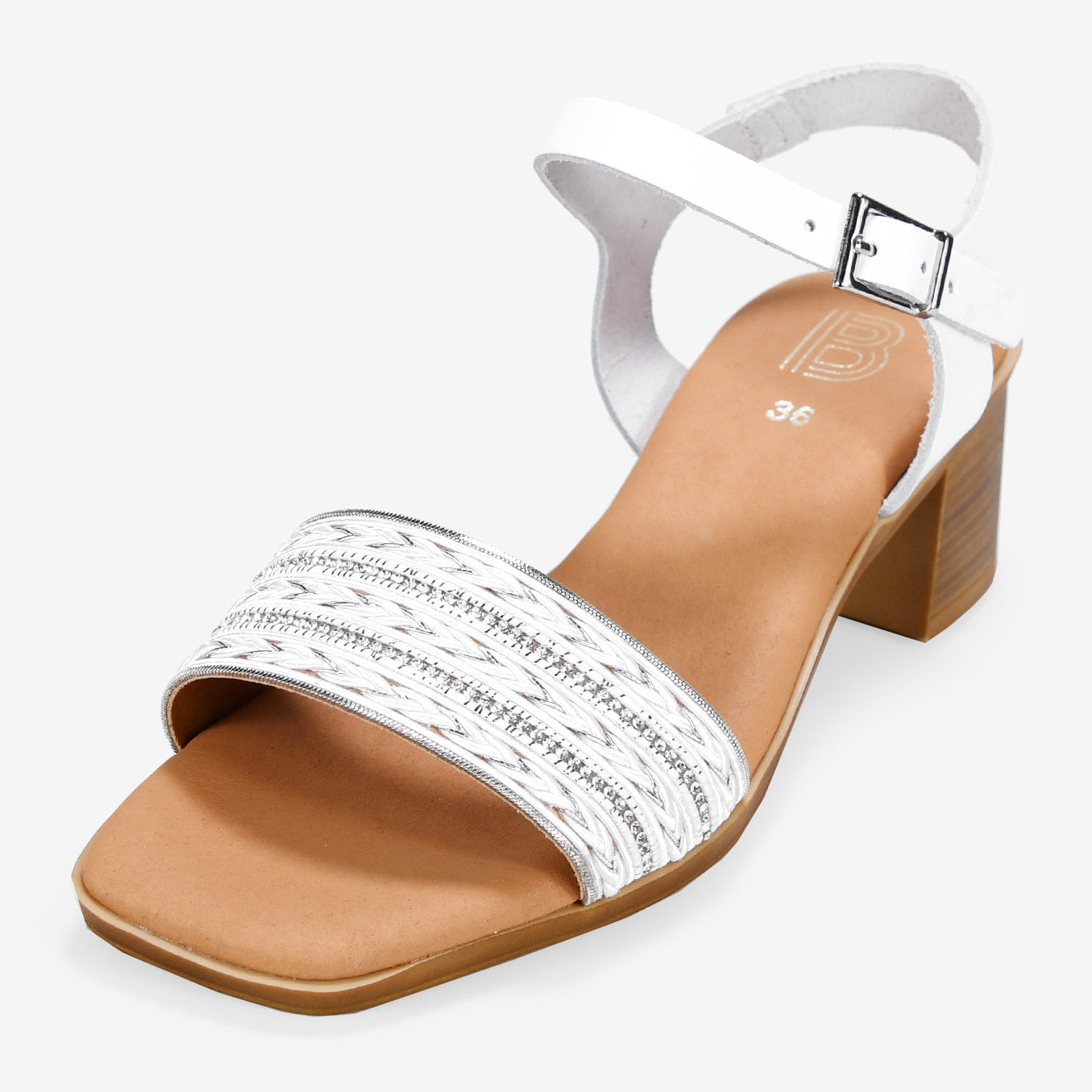 Sandalias de piel blancas con brillantes y tacón efecto madera