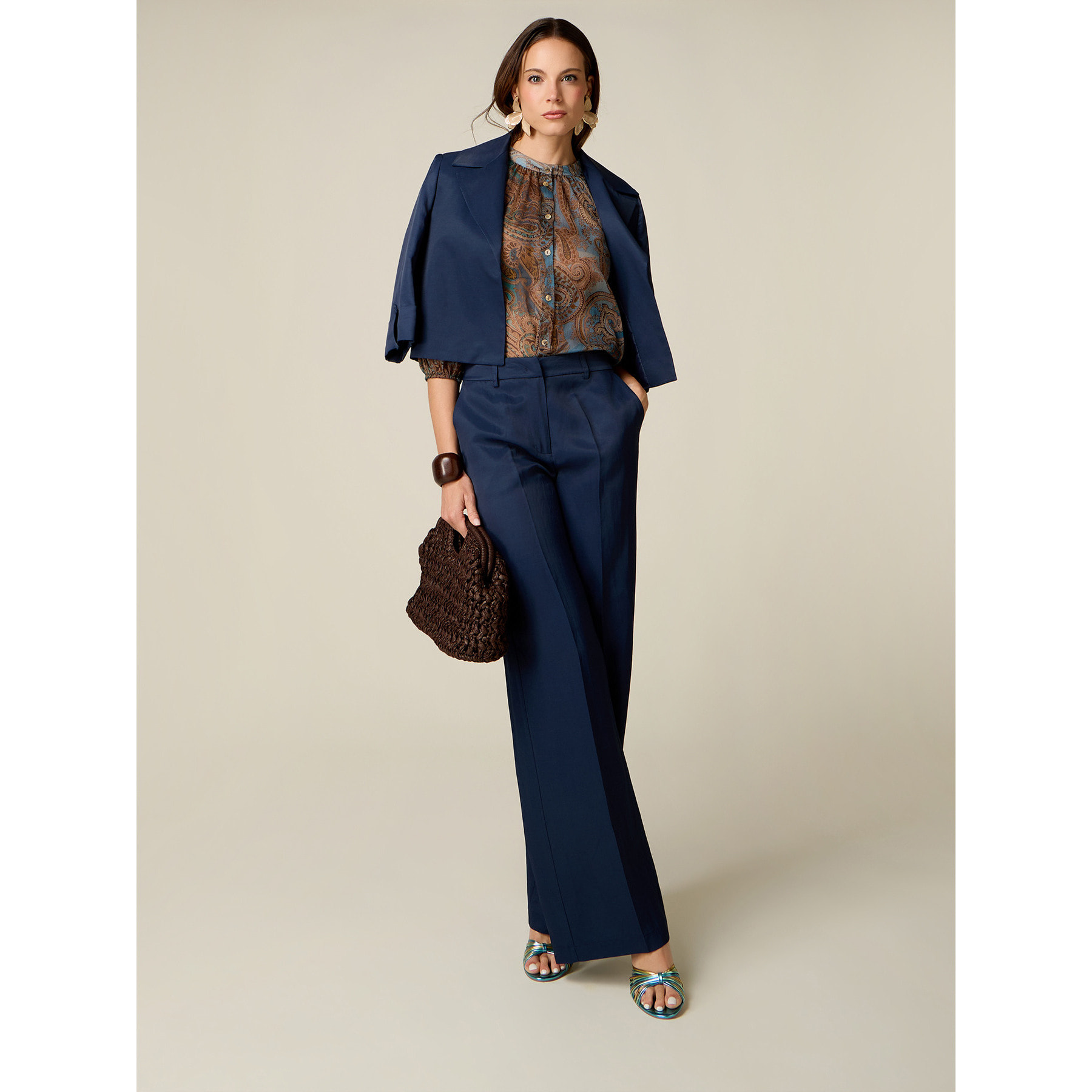 Oltre - Pantaloni palazzo misto lino - Blu