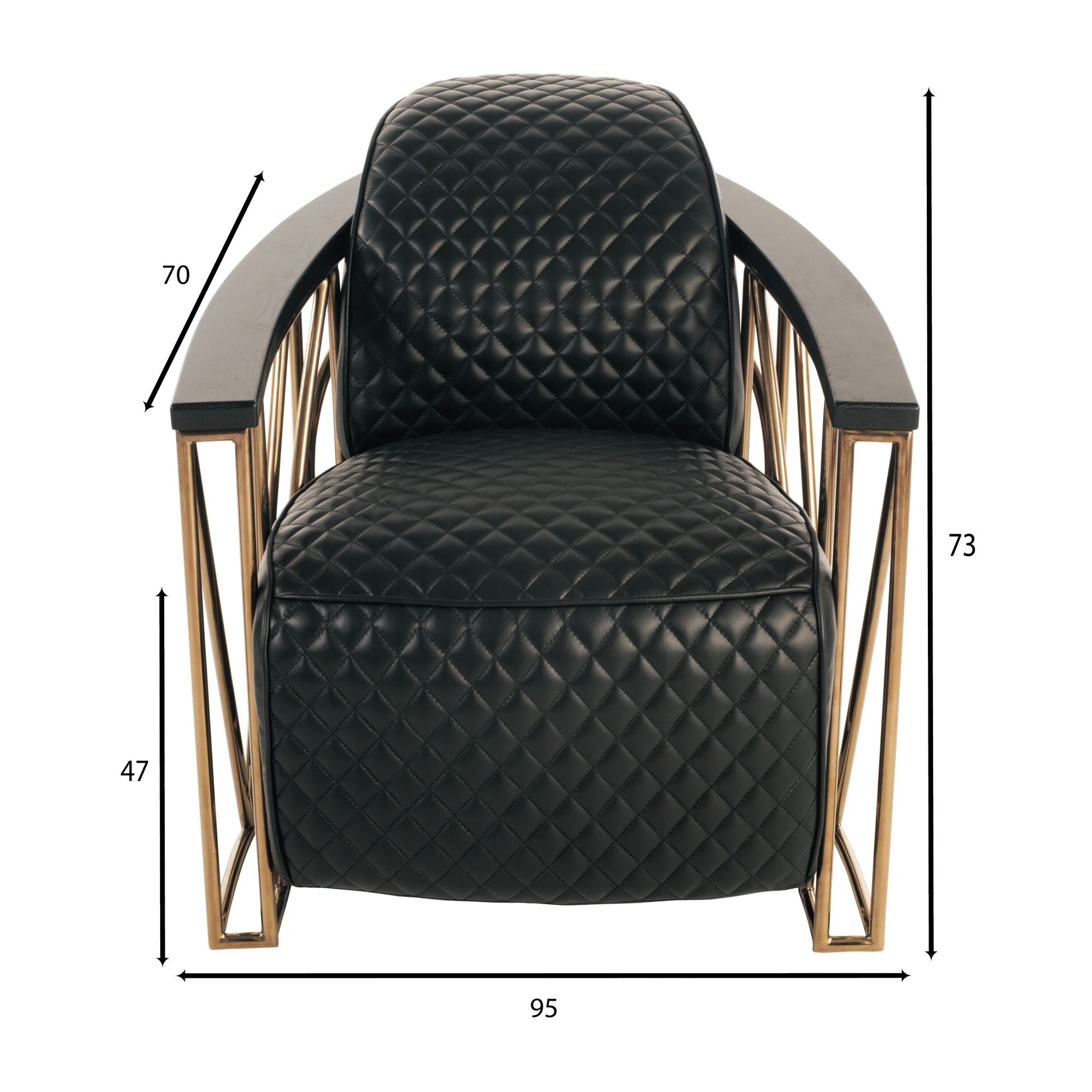 Fauteuil en cuir matelassé noir et structure en inox cuivré ENNIO