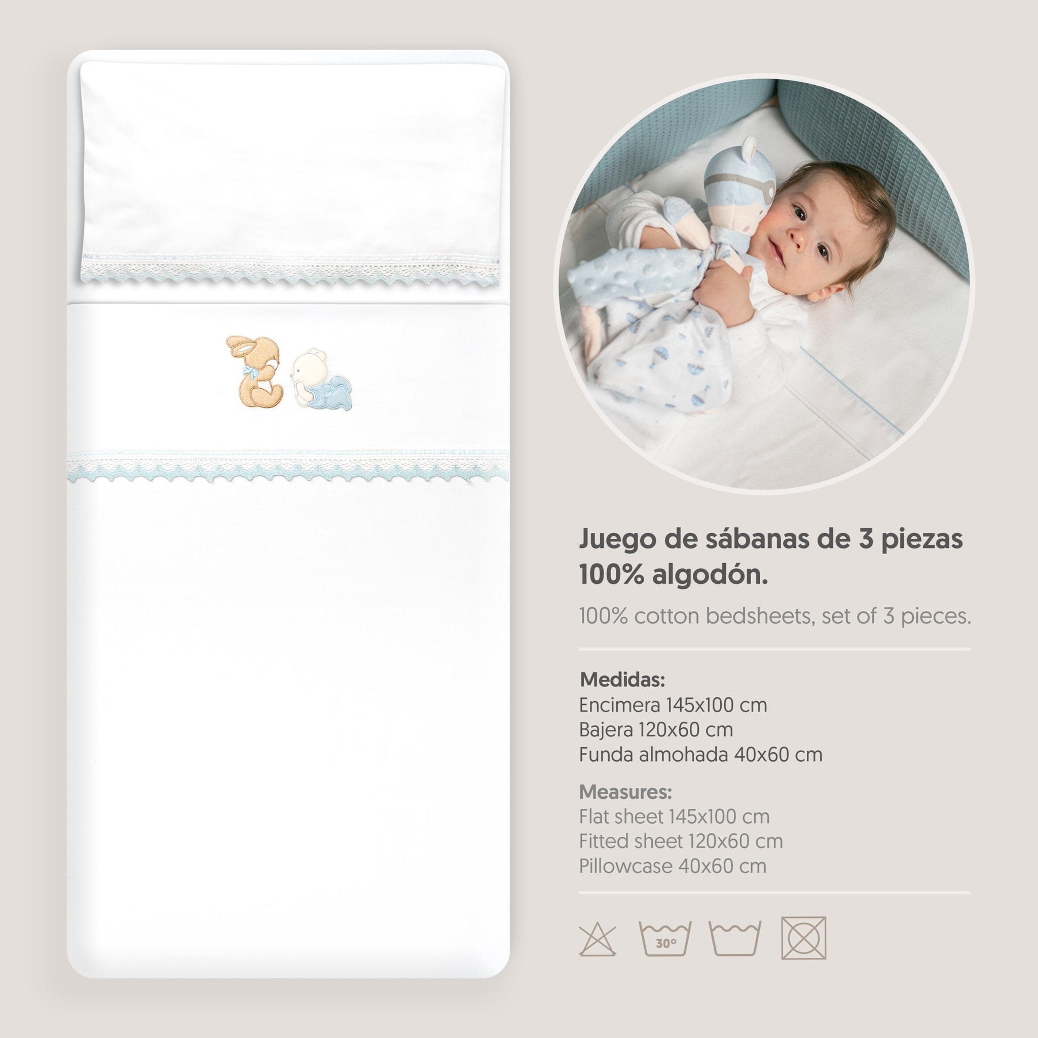 Triptico Cuna Guipur Oso Tumbado Conejito + Broche Bco/Azul