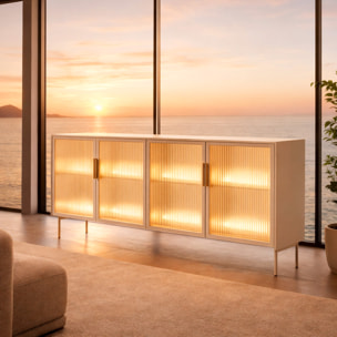 Credenza Madia Moderna Con Vetrina Cassetti E Illuminazione Led Ripiani Materiale In Melaminico 181.3 x 39.3 x 82.6 Cm Cashmere