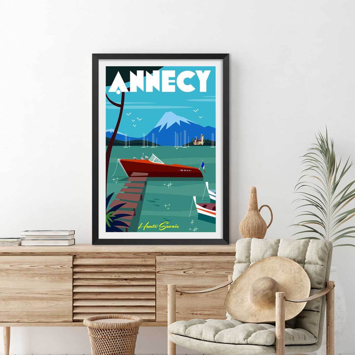 Poster de château et lac d' annecy Affiche + cadre en bois - Noir