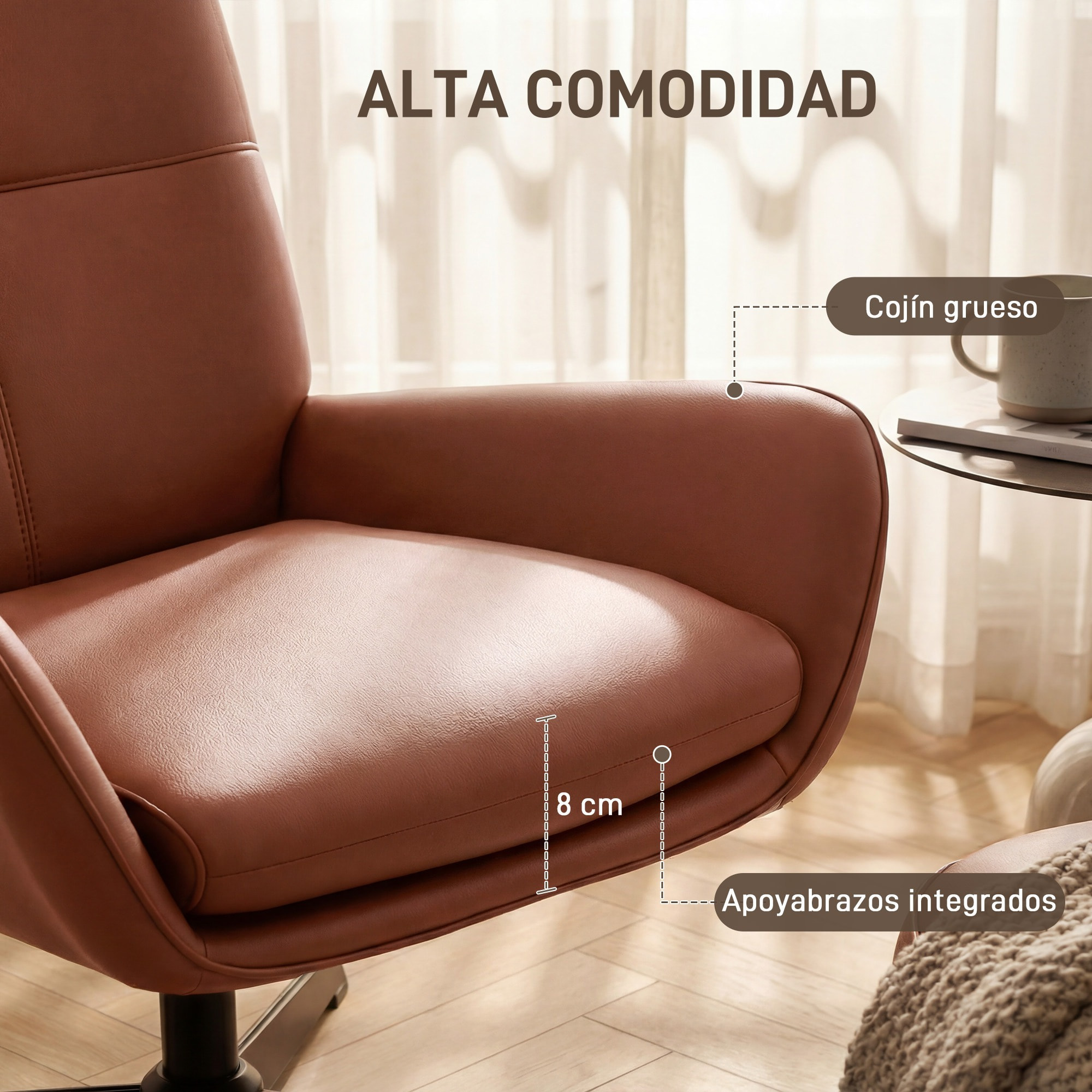 Sillón Giratorio, Butaca de Salón Tapizado en PU, Sillón Lectura con Asiento Acolchado, Reposabrazos, Patas Metálicas, para Sala de Estar, Dormitorio, Marrón
