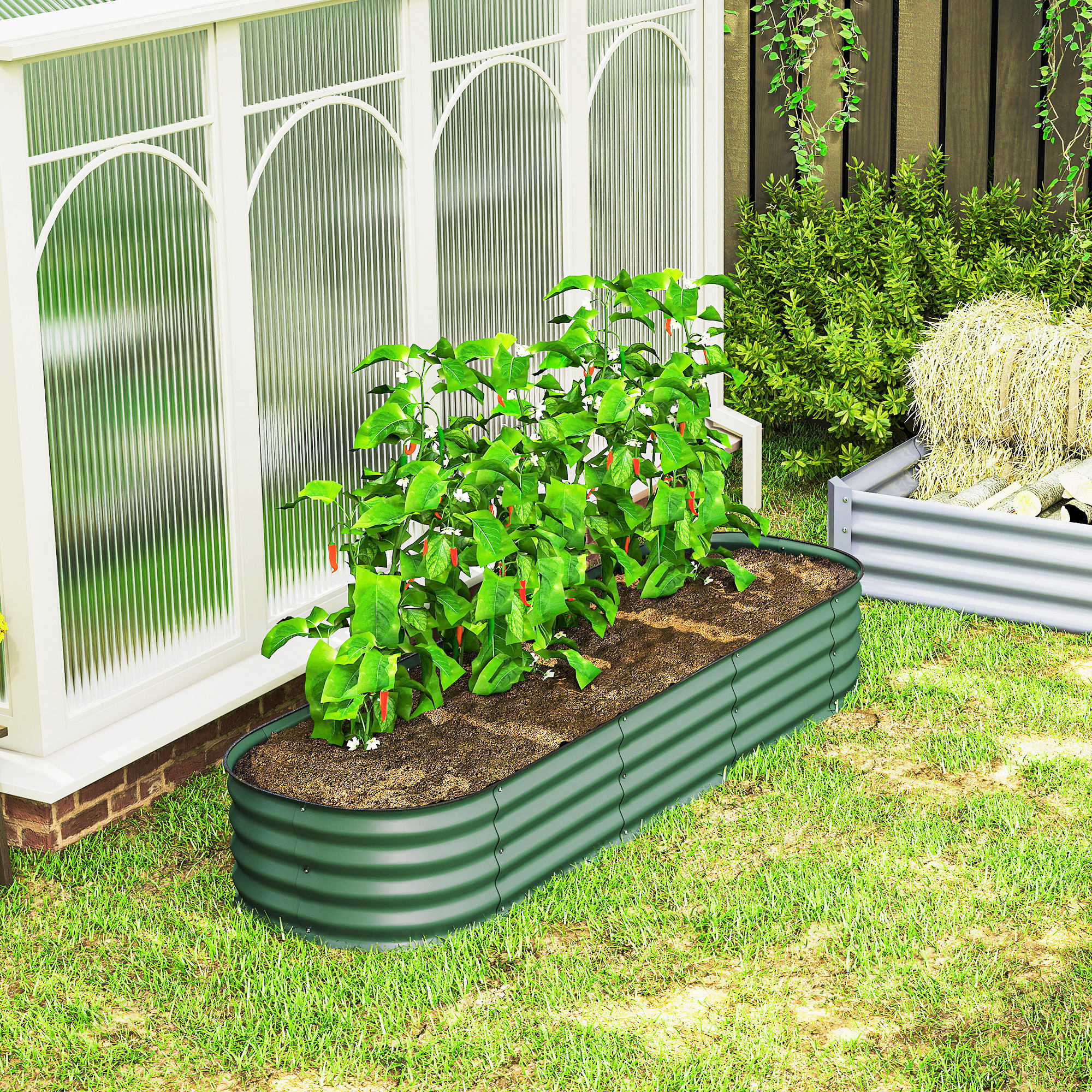 Carré potager de jardin dim. 195L x 62l x 30H cm modulable tôle d'acier ondulée vert
