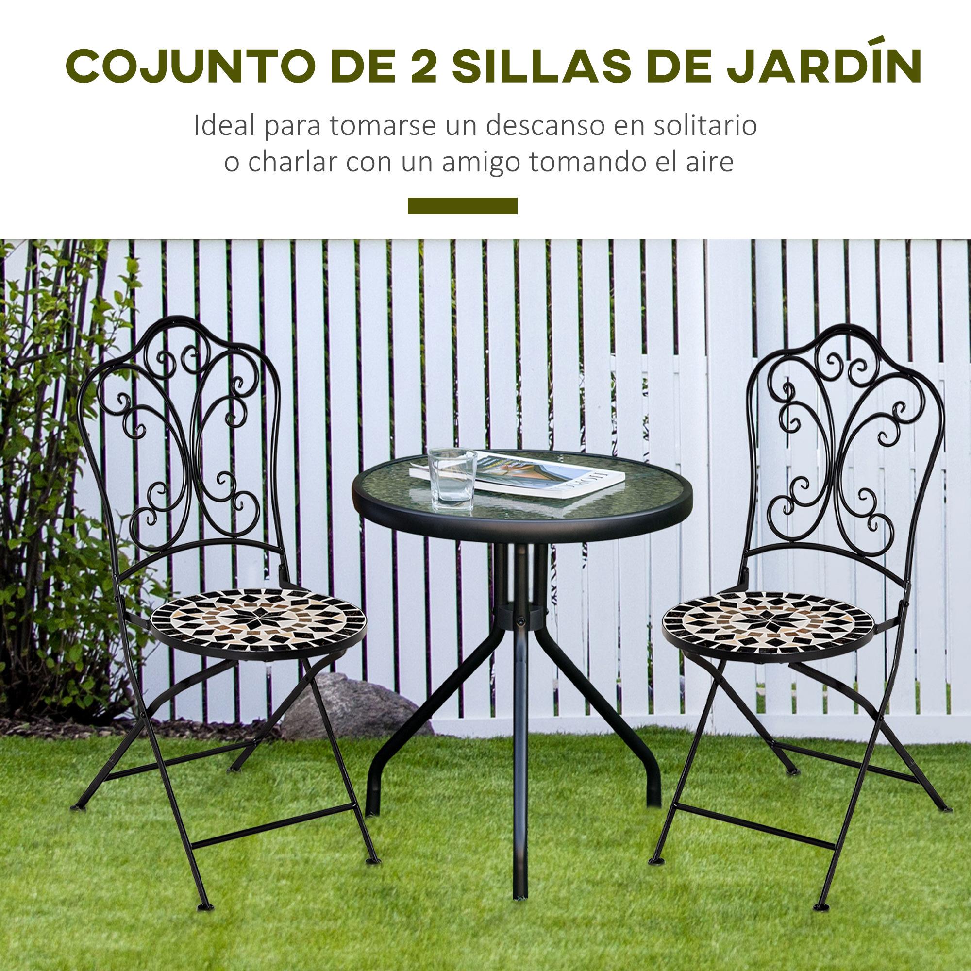 Juego de 2 Sillas de Jardín Plegables con Asiento de Mosaico Cerámico y Marco de Metal para Balcón Terraza Patio Carga 120 kg 40x50x92 cm Negro