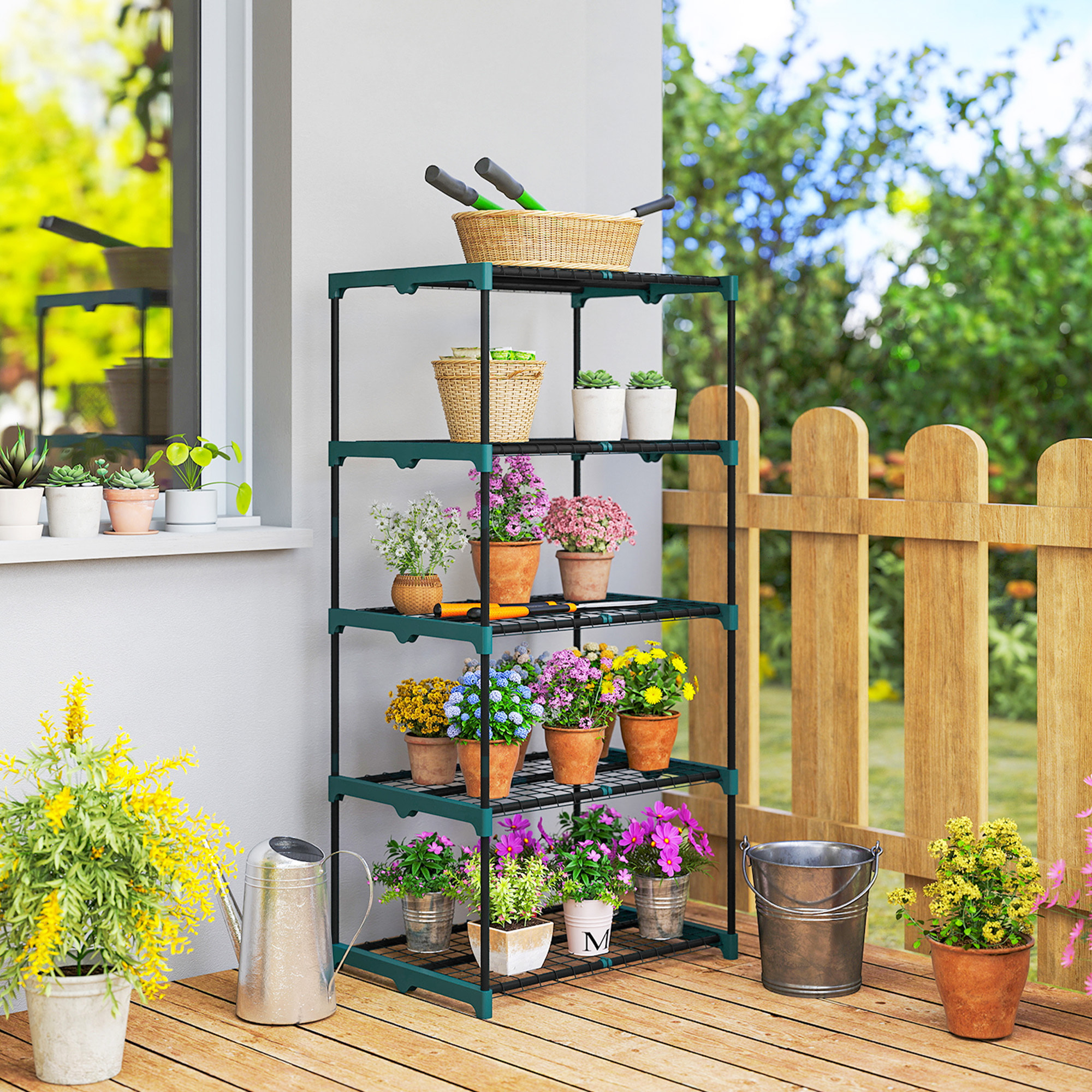 Étagère à fleurs 5 niveaux - 67 x 49 x 138 cm - métal vert