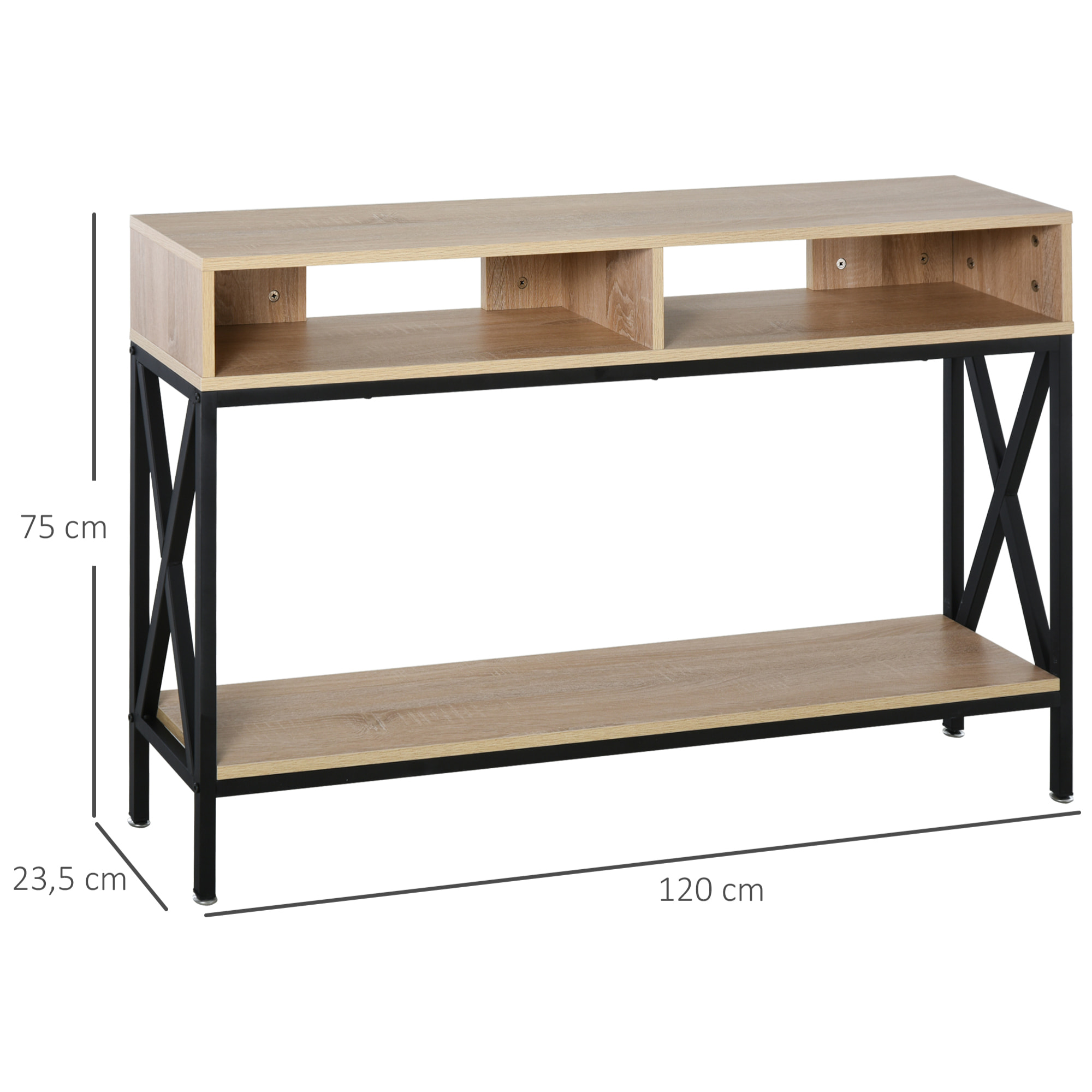 Table Console Table d'Entrée Industriel Multi-rangements 120 x 23,5 x 75 cm Bois Chêne