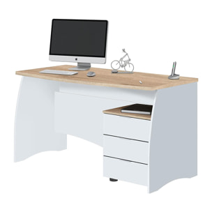 Scrivania Carrollton, Scrittoio da ufficio, Tavolo da studio porta PC con 3 cassetti, cm 136x67h74, Bianco e Rovere