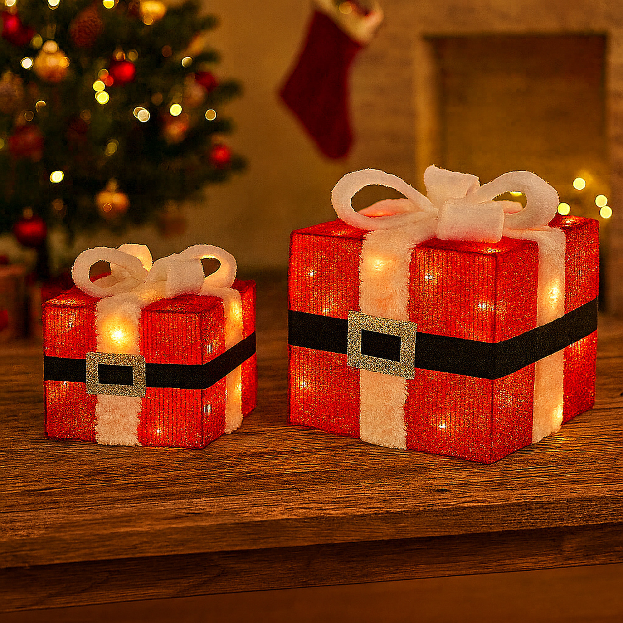 decoración navideña de 2 cajas de regalo con luces led 15cm y 20cm