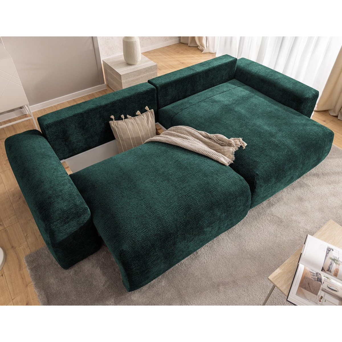 Constance - Canapé d'angle réversible 4 places convertible avec coffre en velours relief - Vert