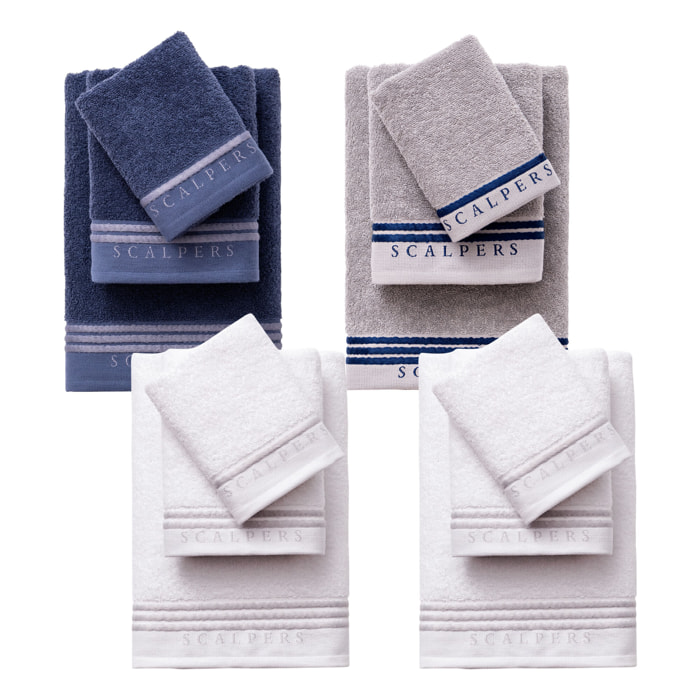 Juego de 4 sets de 3 toallas (4x tocador 30x50cm + 4x manos 50x90cm + 4x baño 70x140cm) 450gsm en algodón, blanco-azul-gris scalpers home