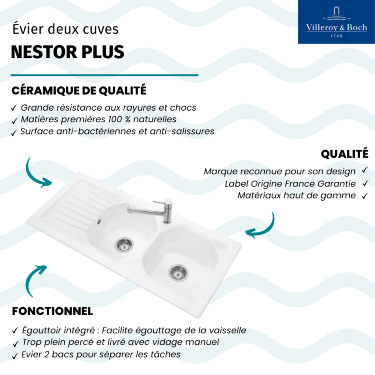 Evier céramique à encastrer 2 bacs 113x51cm Nestor plus