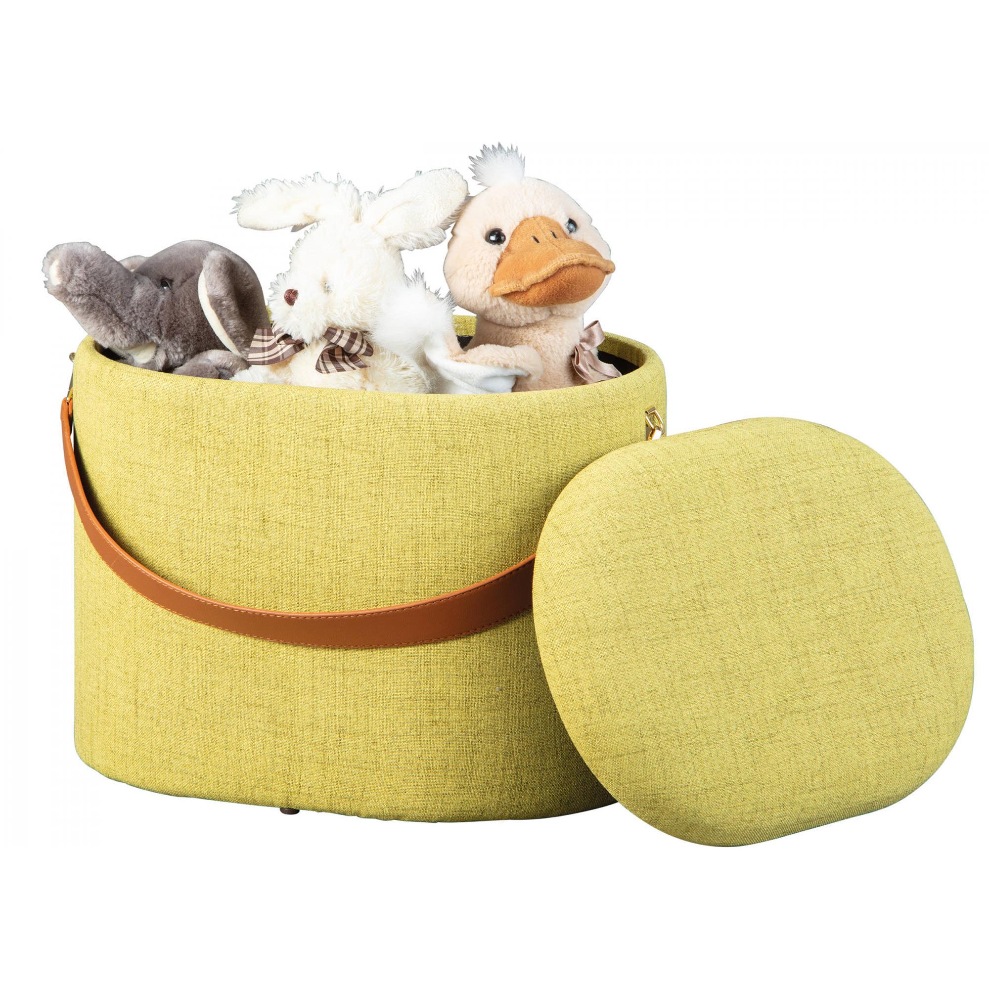 Pouf contenitore in tessuto con maniglia in ecopelle, colore giallo-verde, cm 42x30x36