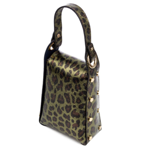 Alviano borsa a mano donna. Vera pelle scamosciata con stampa animale leopardata lucida.