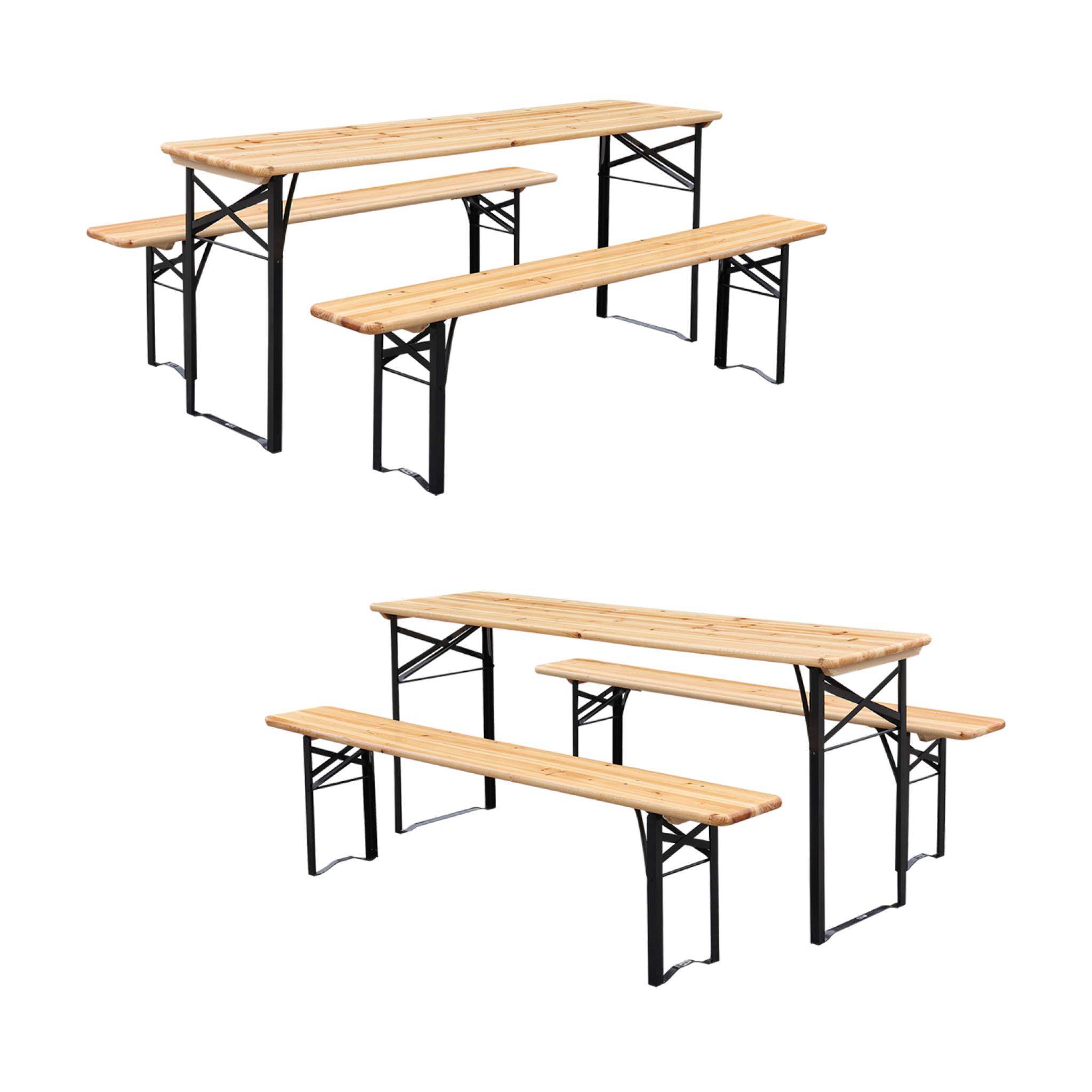 Lot de 2 tables de réception pliantes bois de sapin 2 bancs naturel Bayonne esprit brasserie 12 places
