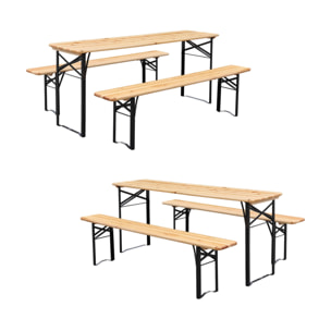 Lot de 2 tables de réception pliantes bois de sapin 2 bancs naturel Bayonne esprit brasserie 12 places