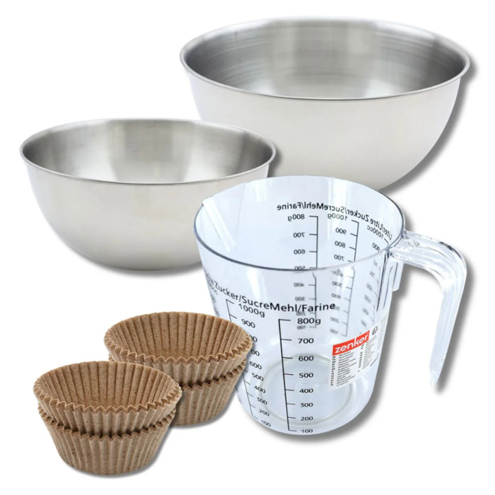 Set pâtisserie avec 40 moules à muffins en papier, 2 bols à mixer, verre mesureur et spatule Zenker