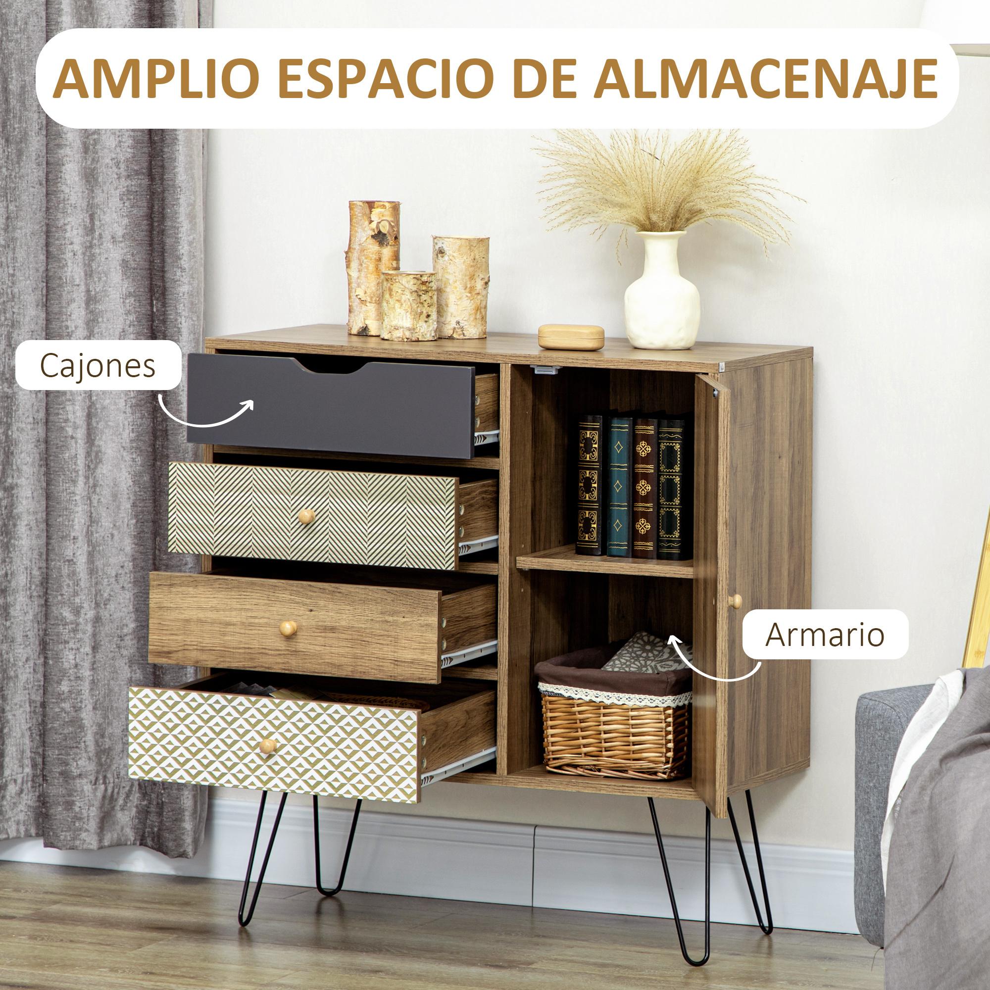 Cómoda con 4 Cajones Cajonera de Madera con Puerta Estante Ajustable y Patas de Metal para Salón Dormitorio Cocina 79x39x86 cm Marrón