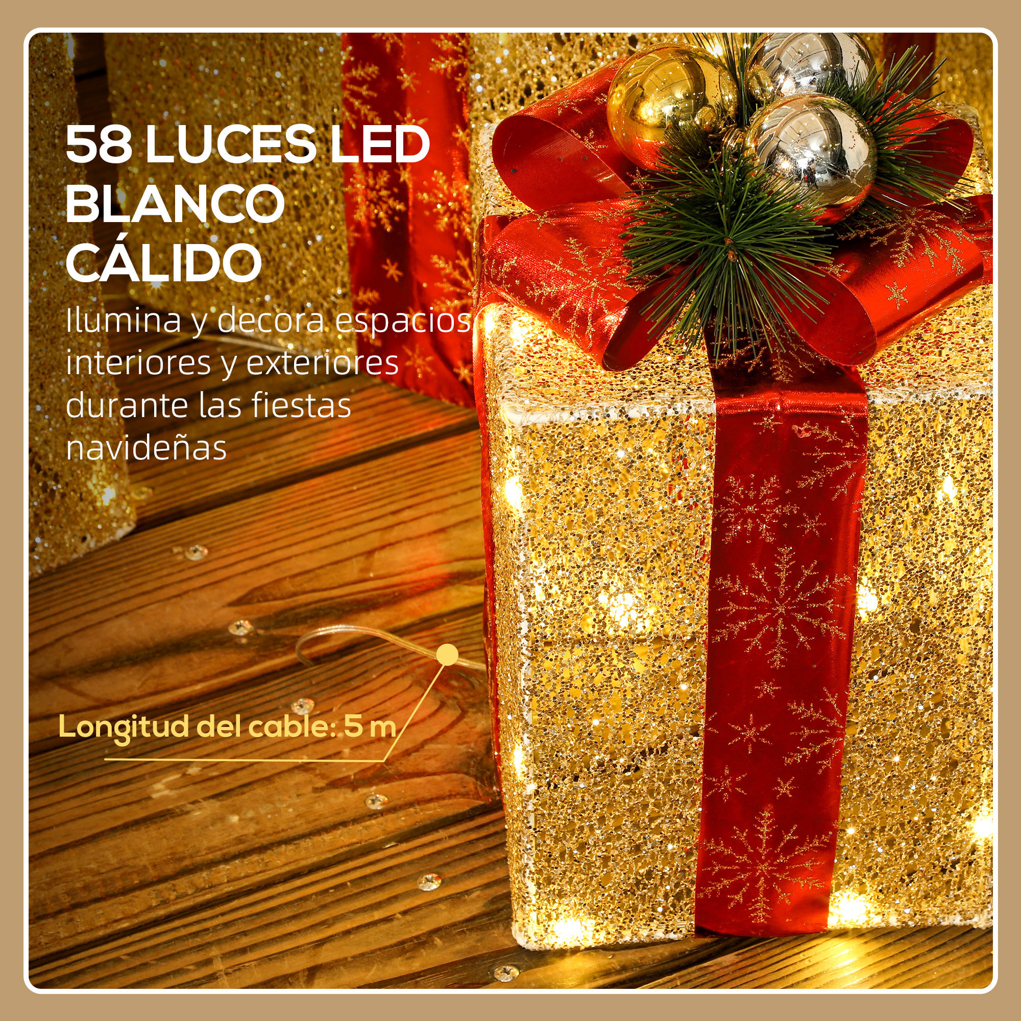 Juego de 3 Cajas de Regalo Navidad con Luces, Adornos Luminosos para Árbol de Navidad con 58 LED Blanco Cálido, Illuminación Navideña para Interior, Exterior y Fiesta, Dorado