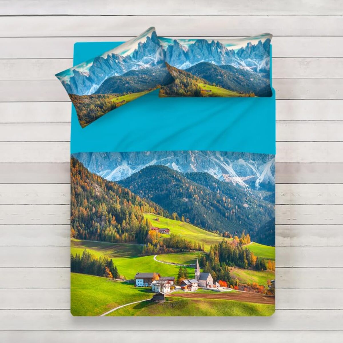 INTRECCI Completo Lenzuola Singolo in Cotone, Stampa Alta Qualità, Lenzuolo Sotto + Lenzuolo Sopra + 1 Federa, Comfort, Morbidezza, per Pelli Sensibili, non Stringe in Lavatrice. Fantasia: Alpen