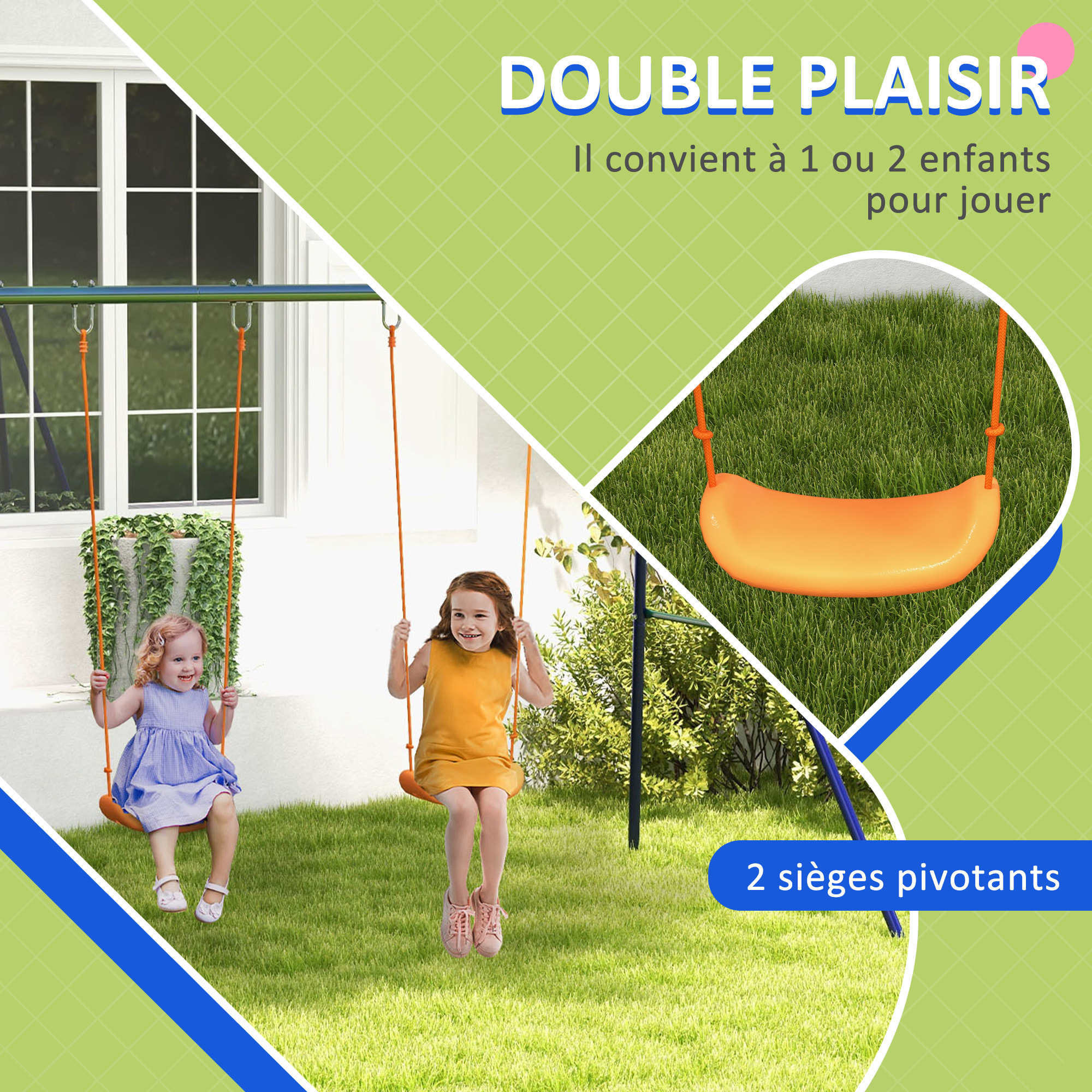 Balançoire 2 agrès portique avec 2 balançoires dim. 2,69L x 1,6l x 1,8H m métal époxy anticorrosion vert bleu PP orange