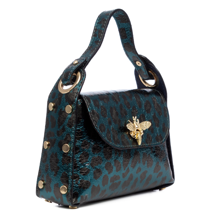 Aquileia borsa a mano donna. Pelle autentica Sgamello con stampa animale leopardata lucida.