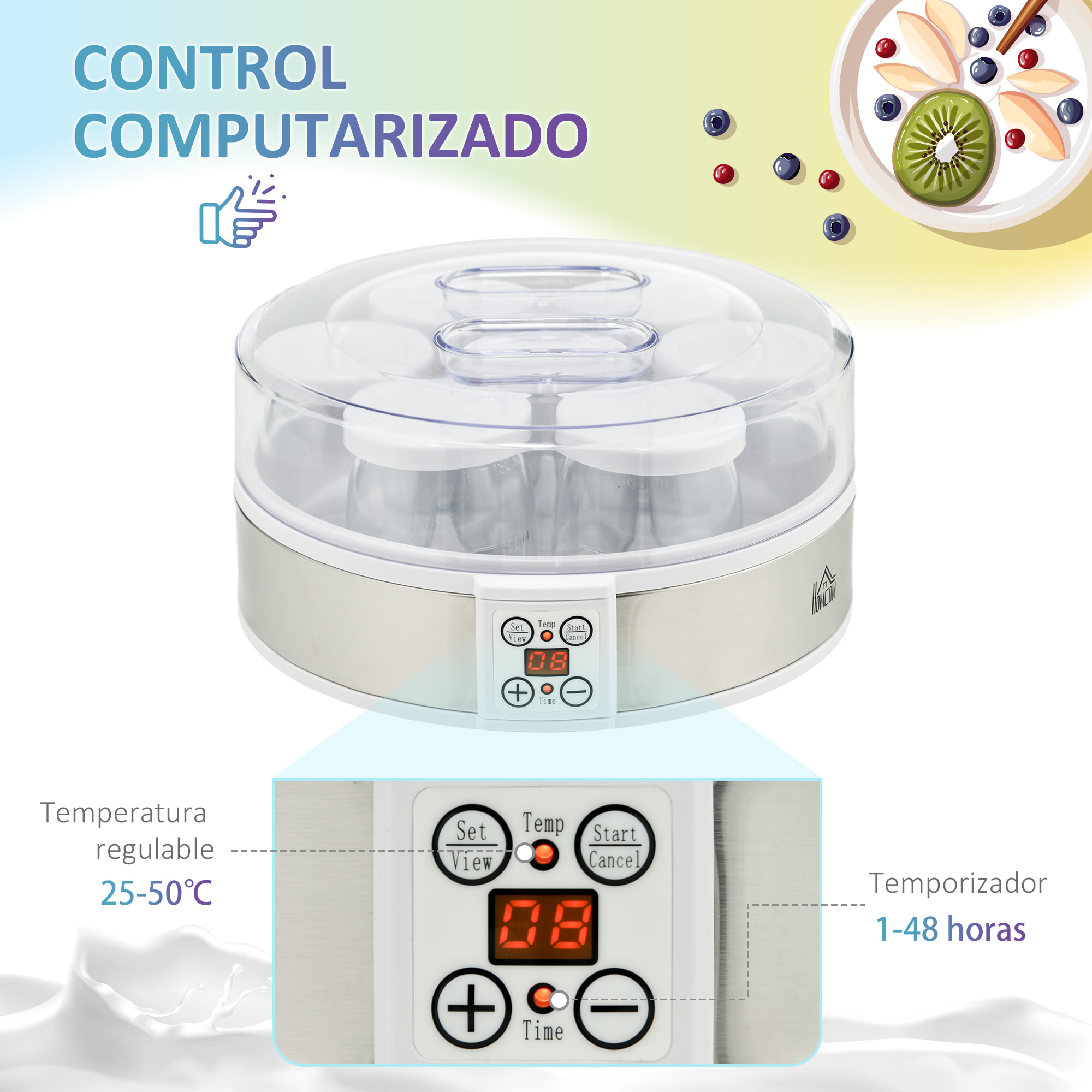 Yogurtera 20W Capacidad 1,26L Máquina de Yogur con 7 Tarros de Cristal de 180 ml Termostato Ajustable Temporizador de 1-48 Horas y Pantalla LED 24x24x13 cm Blanco