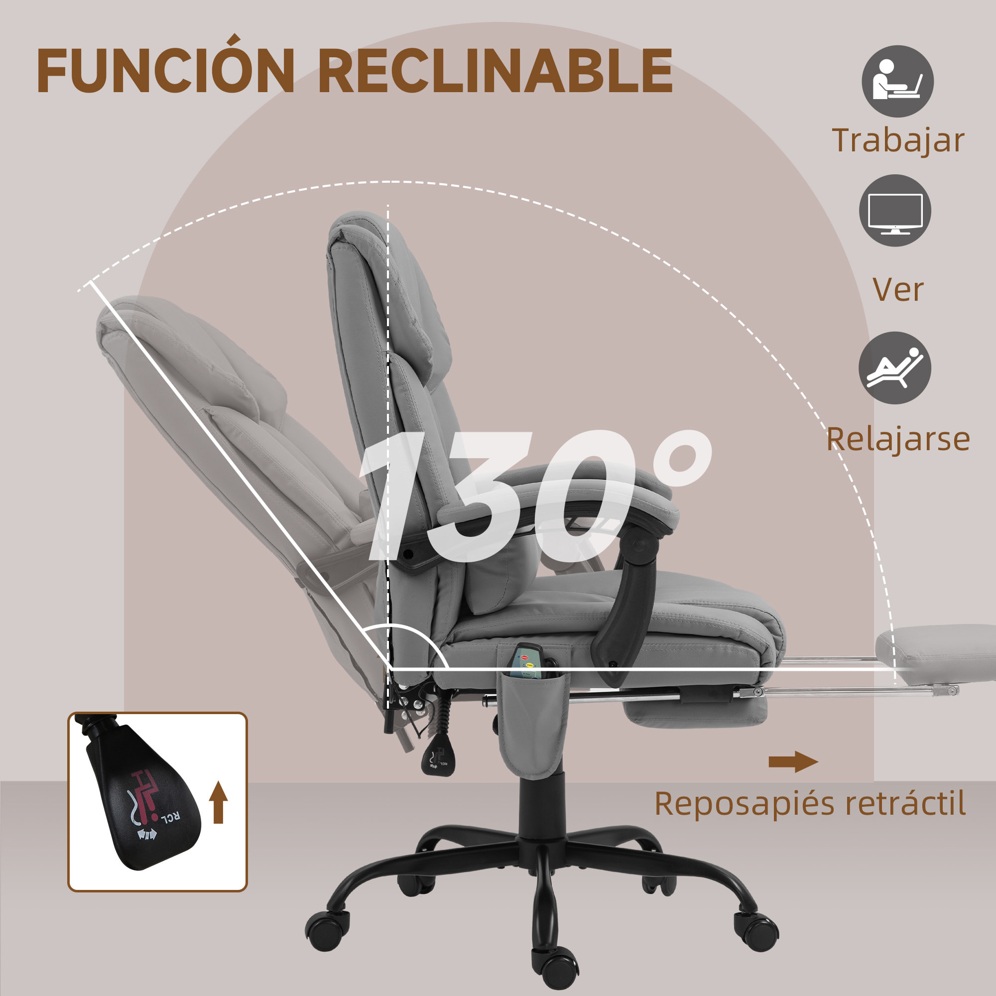 Silla de Oficina con Masaje Vibratorio de 6 Puntos Silla de Escritorio Giratoria con Respaldo Alto Reclinable Altura Ajustable Reposapiés y Mando a Distancia Gris