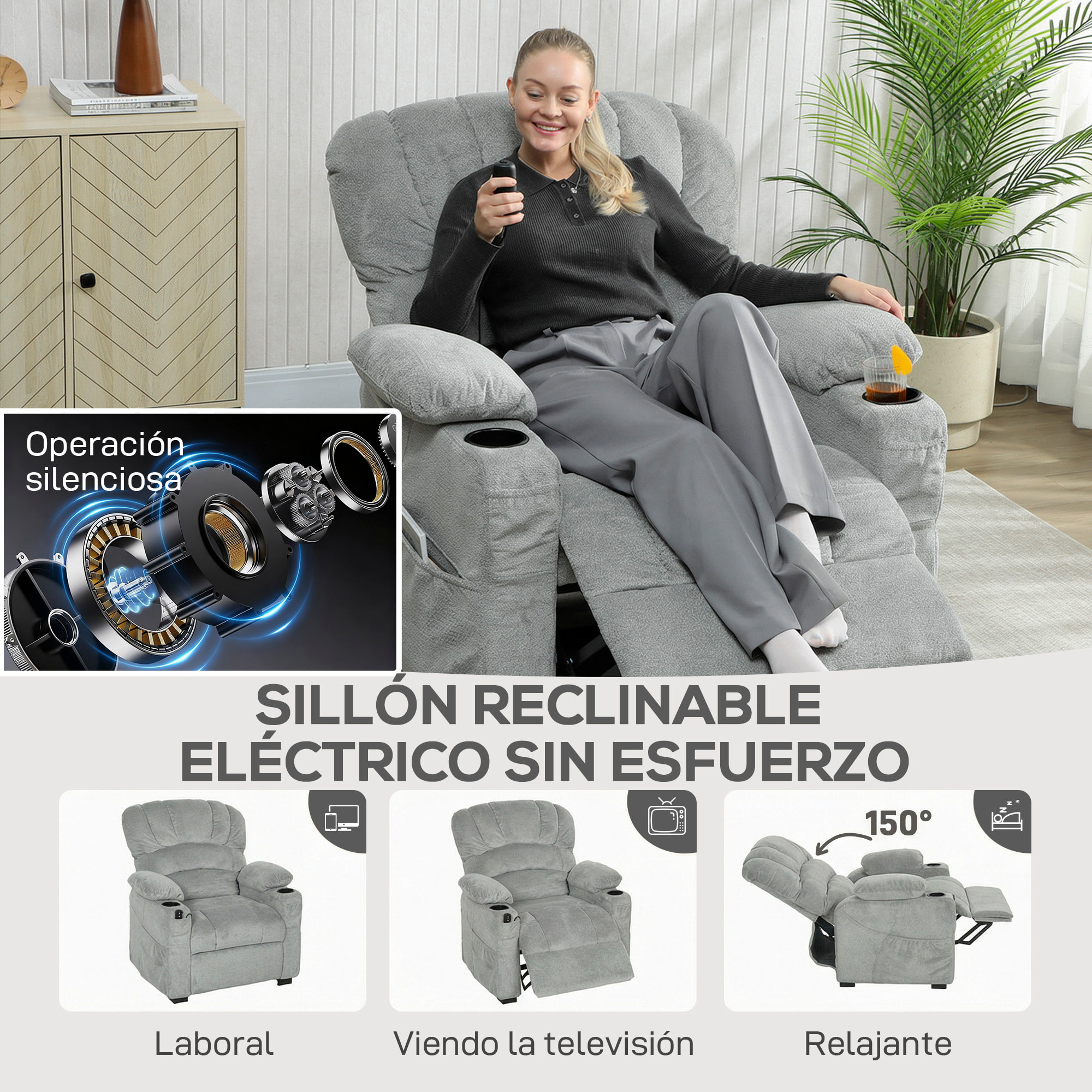 Sillón Relax Reclinable Eléctrico, Sillón Reclinable Silencioso de Terciopelo con Función Memoria, Reposapiés, Mando a Distancia, Bolsillos, Puerto USB, Portavasos, Respaldo Concha