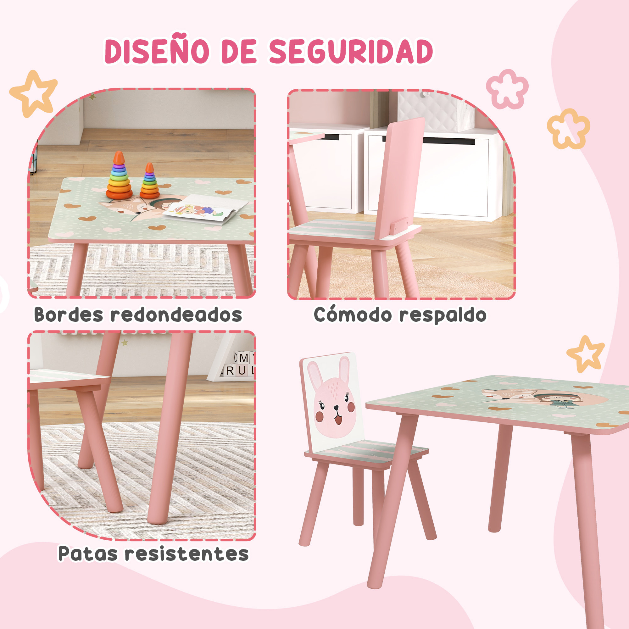 Conjunto para Niños Incluye 1 Estantería para Juguetes con Pizarra Pintable 2 Cajas de Tela no Tejida y 1 Mesa Infantil con 2 Sillas para Dormitorio Sala de Juegos Rosa