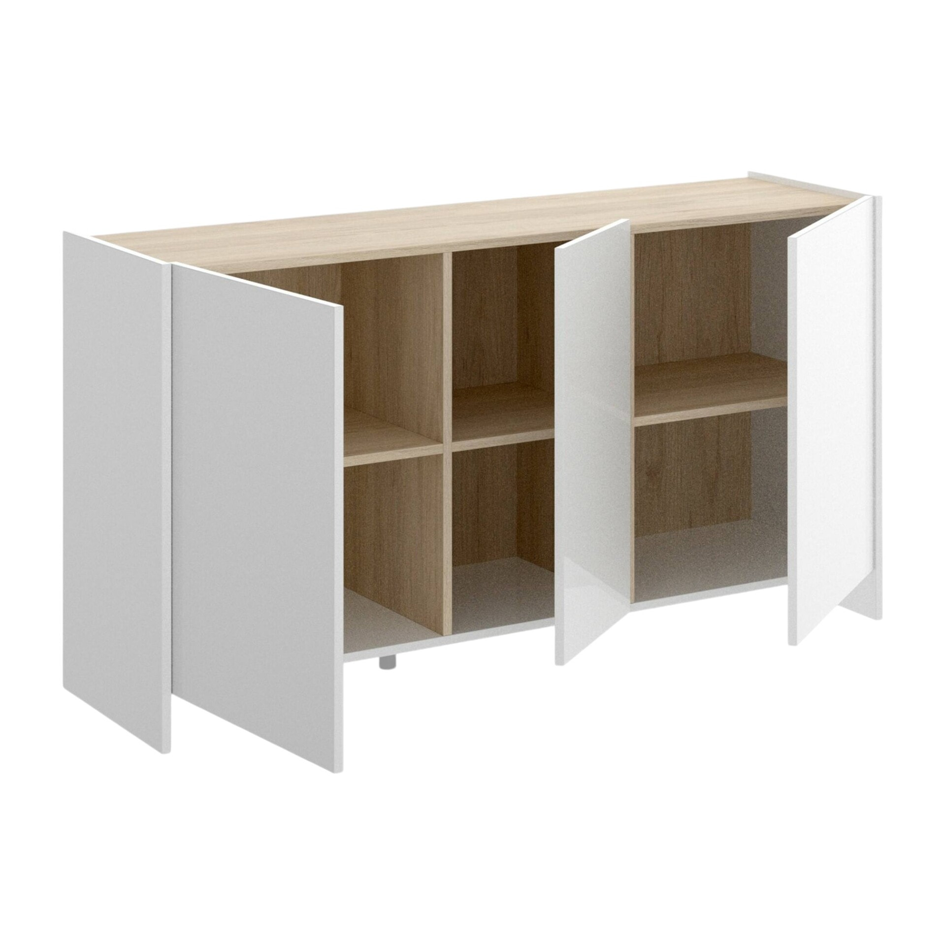 Credenza Calino, Buffet da soggiorno, Madia moderna da salotto a 3 ante, 138x42h76 cm, Bianco e Rovere