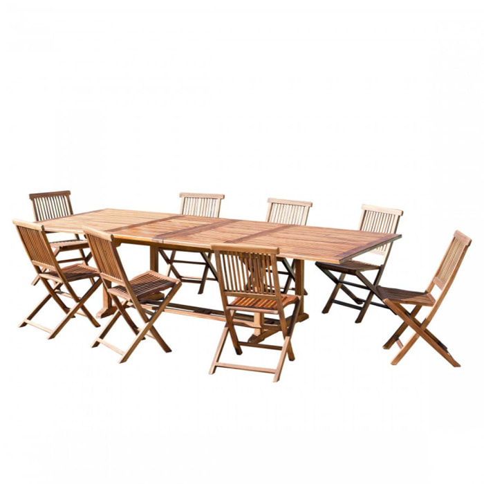 HANNA - SALON DE JARDIN EN BOIS TECK 10/12 pers - 1 Table rectangulaire extensible 200/300*120 cm et 8 chaises