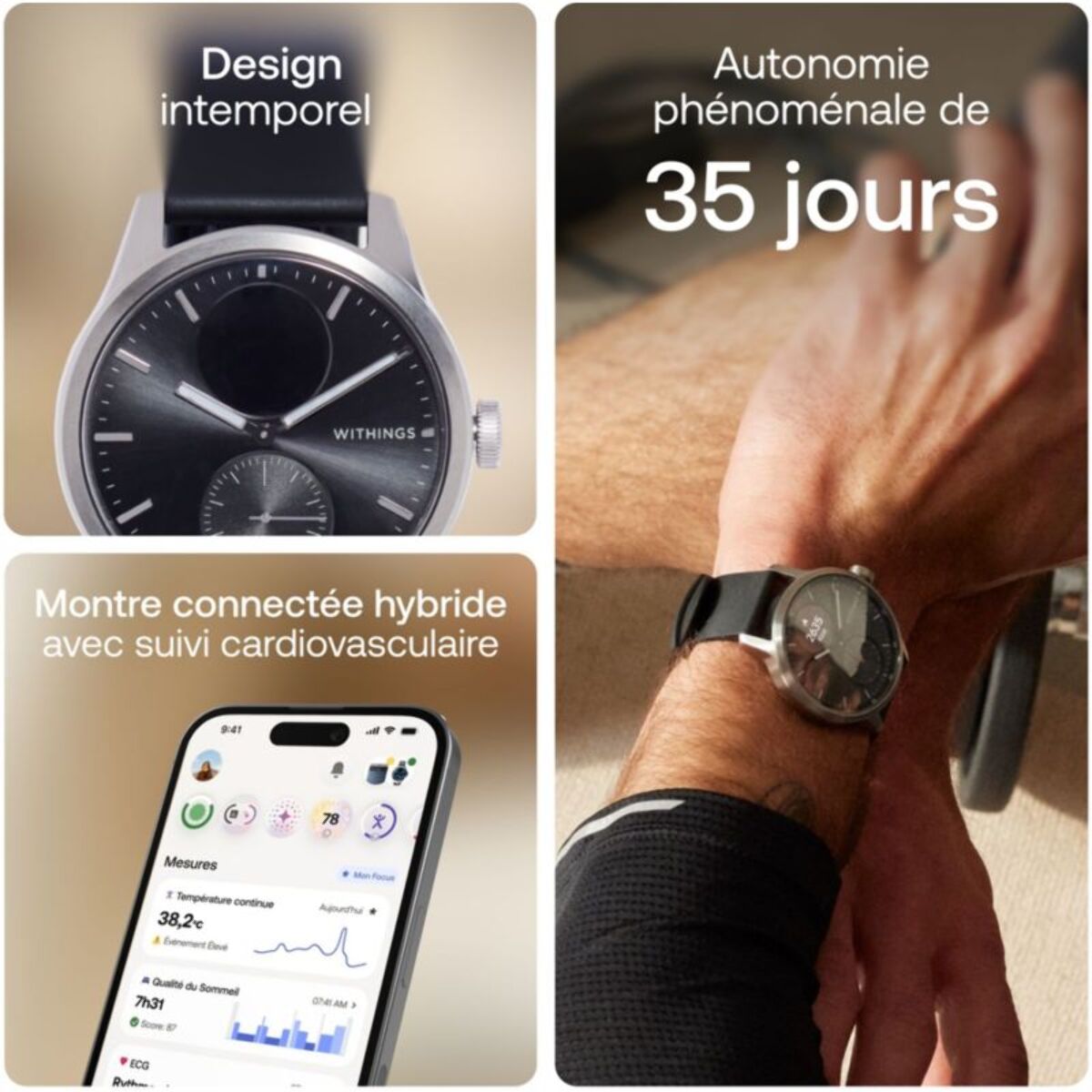 Montre santé WITHINGS Scanwatch 2 42mm Noire + bracelet Cuir offert