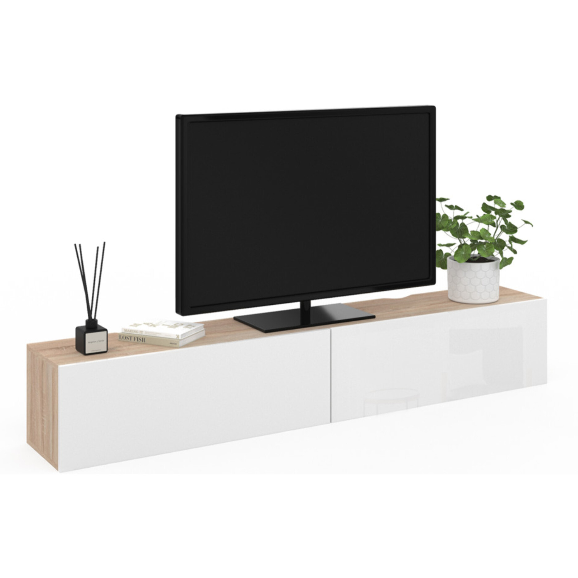 Meuble TV suspendu Michigan bois et blanc 180cm