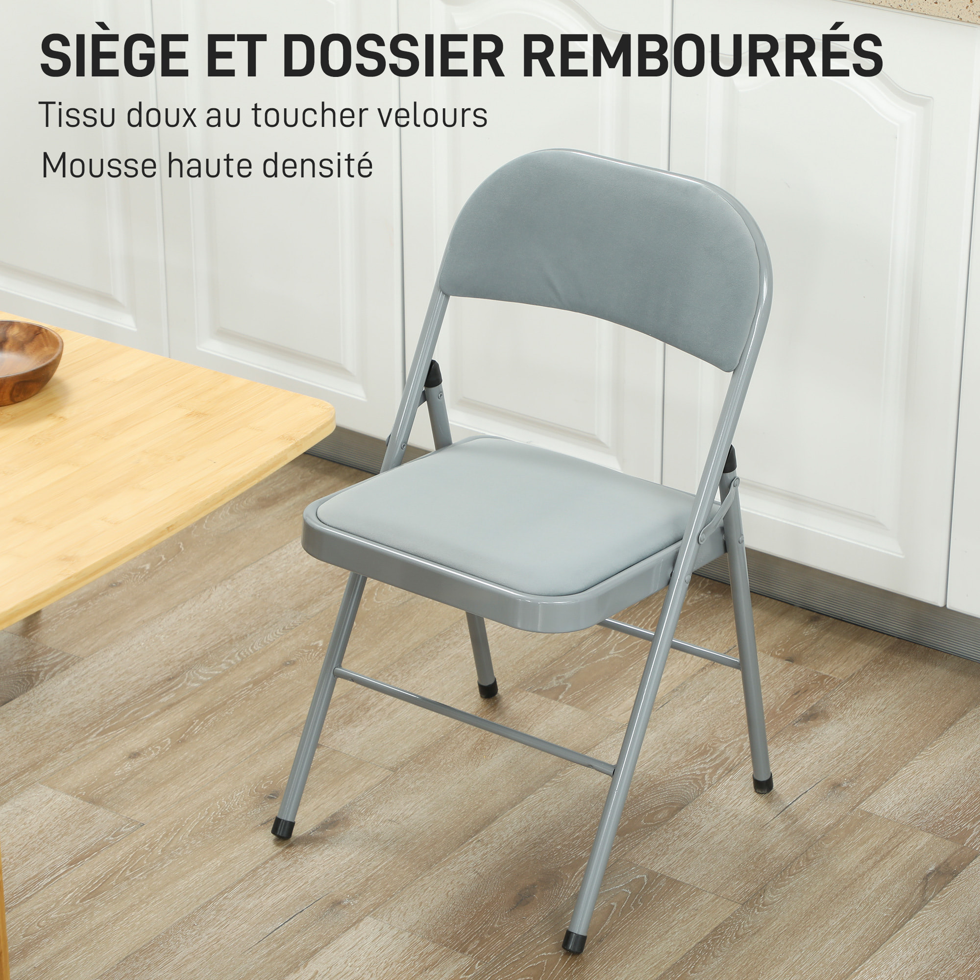 Lot de 4 chaises pliantes assise dossier rembourrés acier velours gris