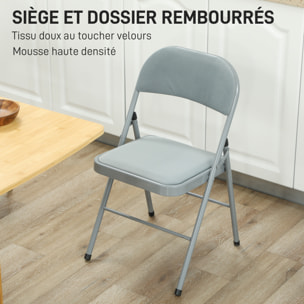 Lot de 4 chaises pliantes assise dossier rembourrés acier velours gris