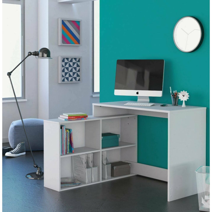 Scrivania Kyarr, Scrittoio multiuso, Tavolo per ufficio porta PC, Piano di lavoro, 112x101 h77 cm, Bianco opaco