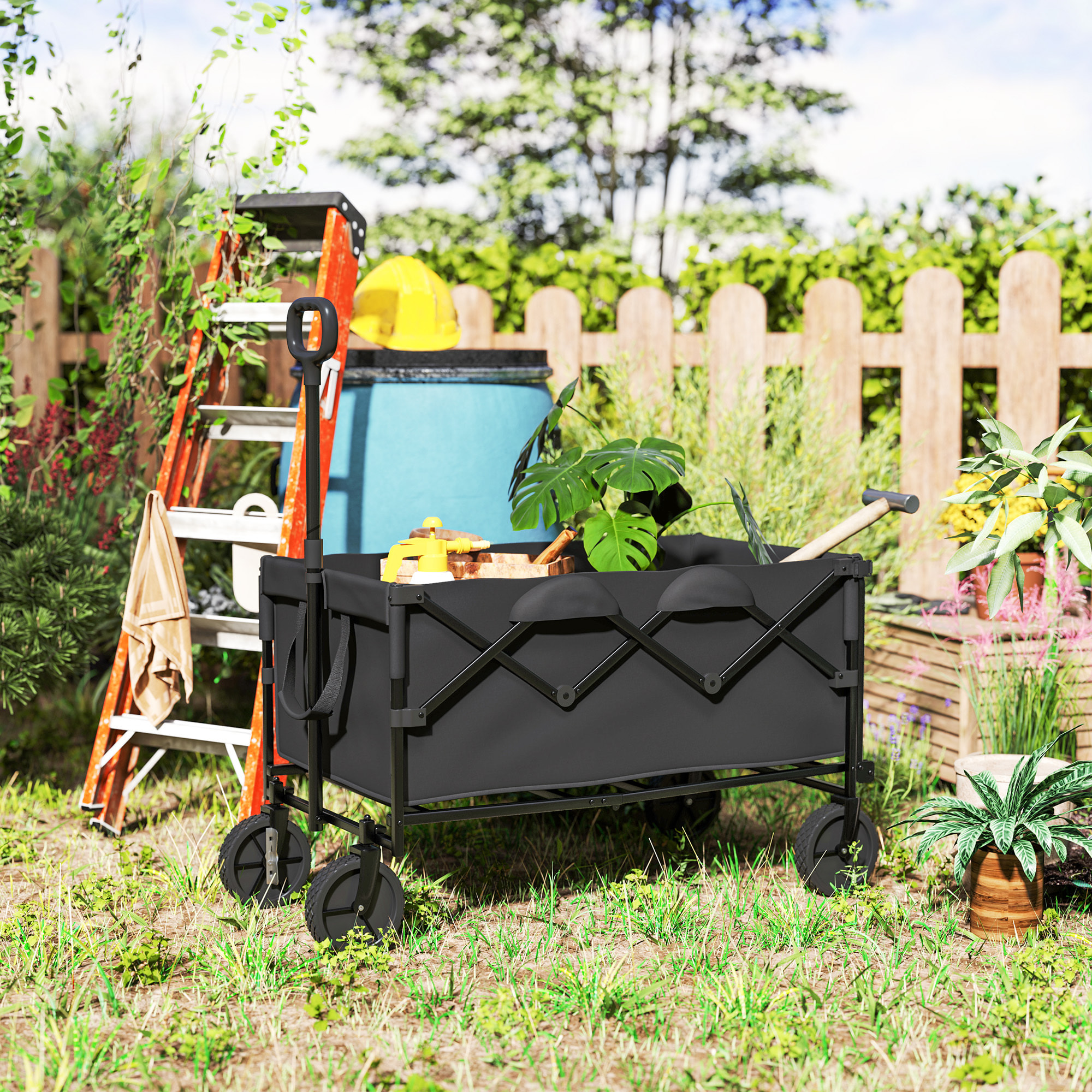 Carro Playa Ruedas Grandes Carro de Jardín Plegable con Mango Telescópico Ajustable Puerta Trasera Expandible Carga 100 kg Carrito Transporte para Todo Terreno Jardín Campaña Compra Negro