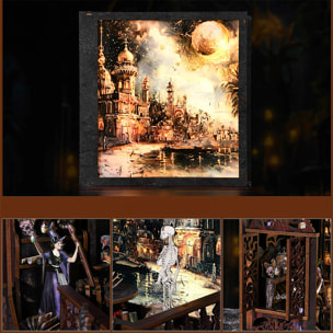 Esplorazione magica. Book Nook in legno, design 3D realistico, telaio luminoso con sfondo intercambiabile.