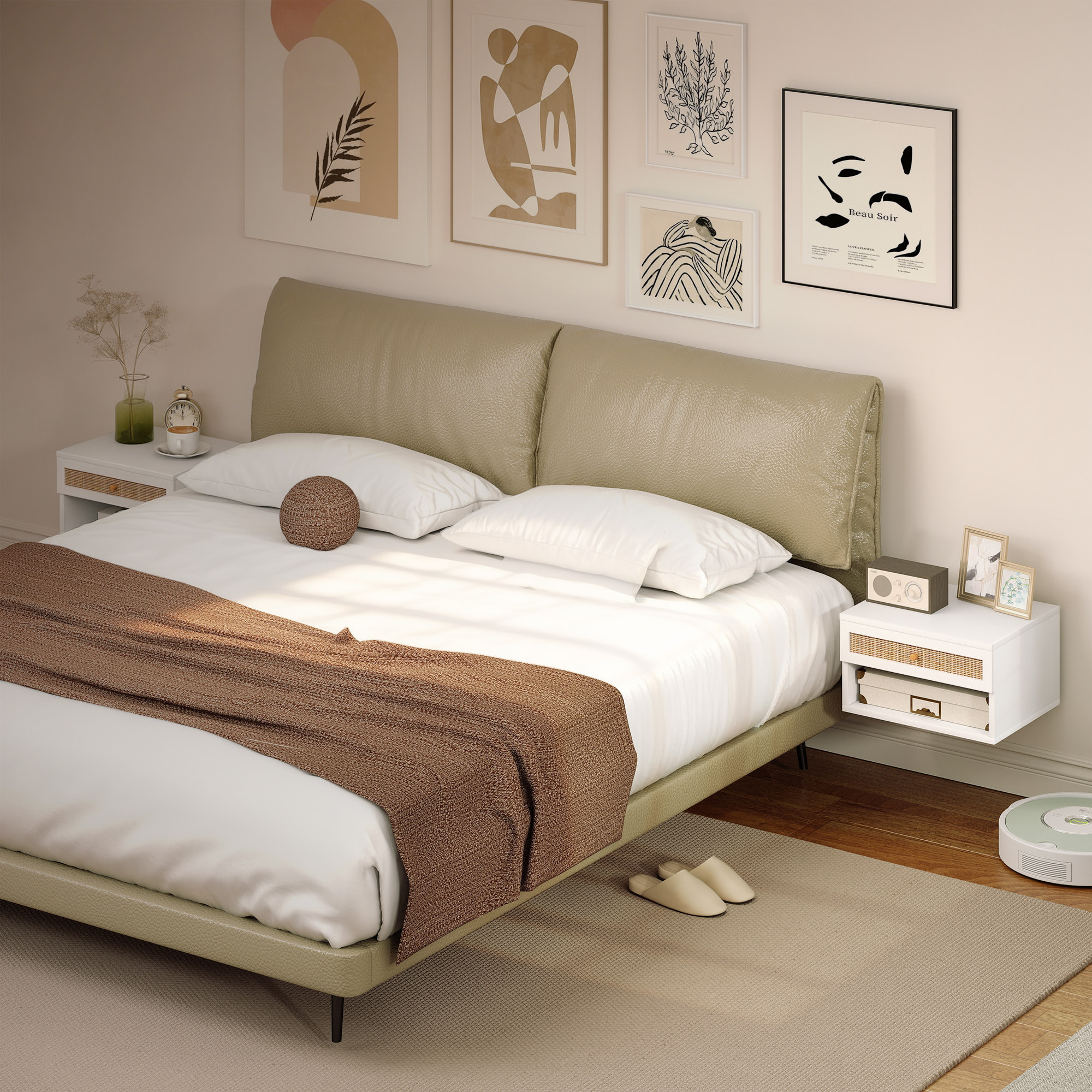 Juego de 2 Mesitas de Noche Flotantes de Pared con Cajón de Ratán y Estante Abierto, Mesillas de Noche Dormitorio de Estilo Nórdico, para Sala de Estar, 40x34x23 cm, Blanco