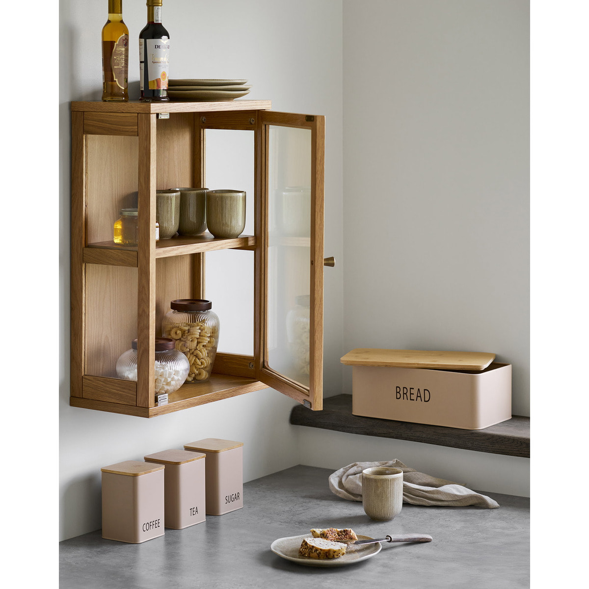 Set cucina Tula: panettiera e 3 contenitori in metallo beige e bambù
