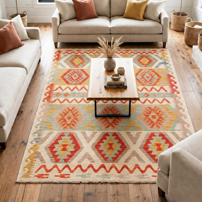 Tapis kilim au motif ethnique, tissé plat en laine pure, UZUN