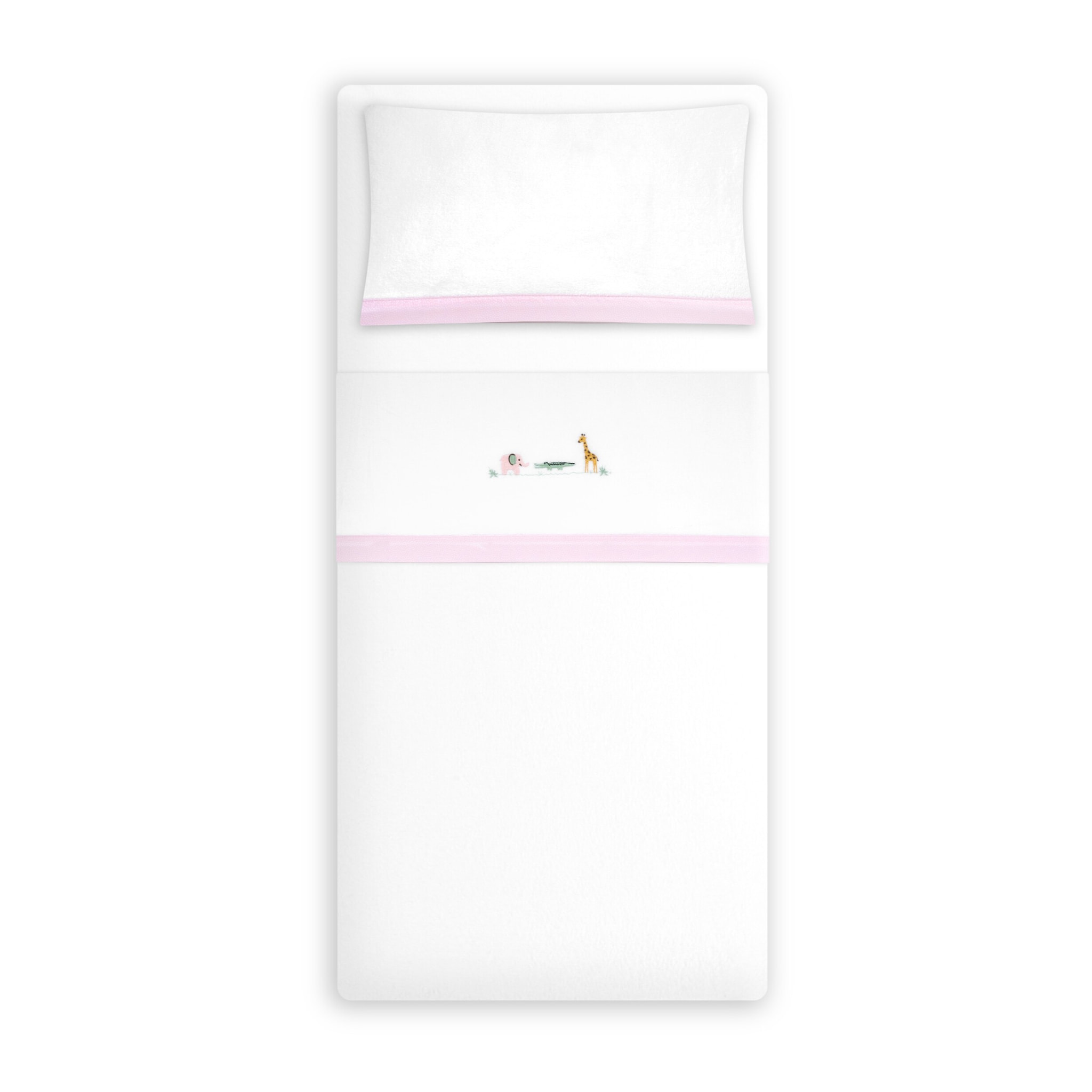 Triptico Cuna Coralina Modelo Savanna Jirafa + Broche Bco/Rosa