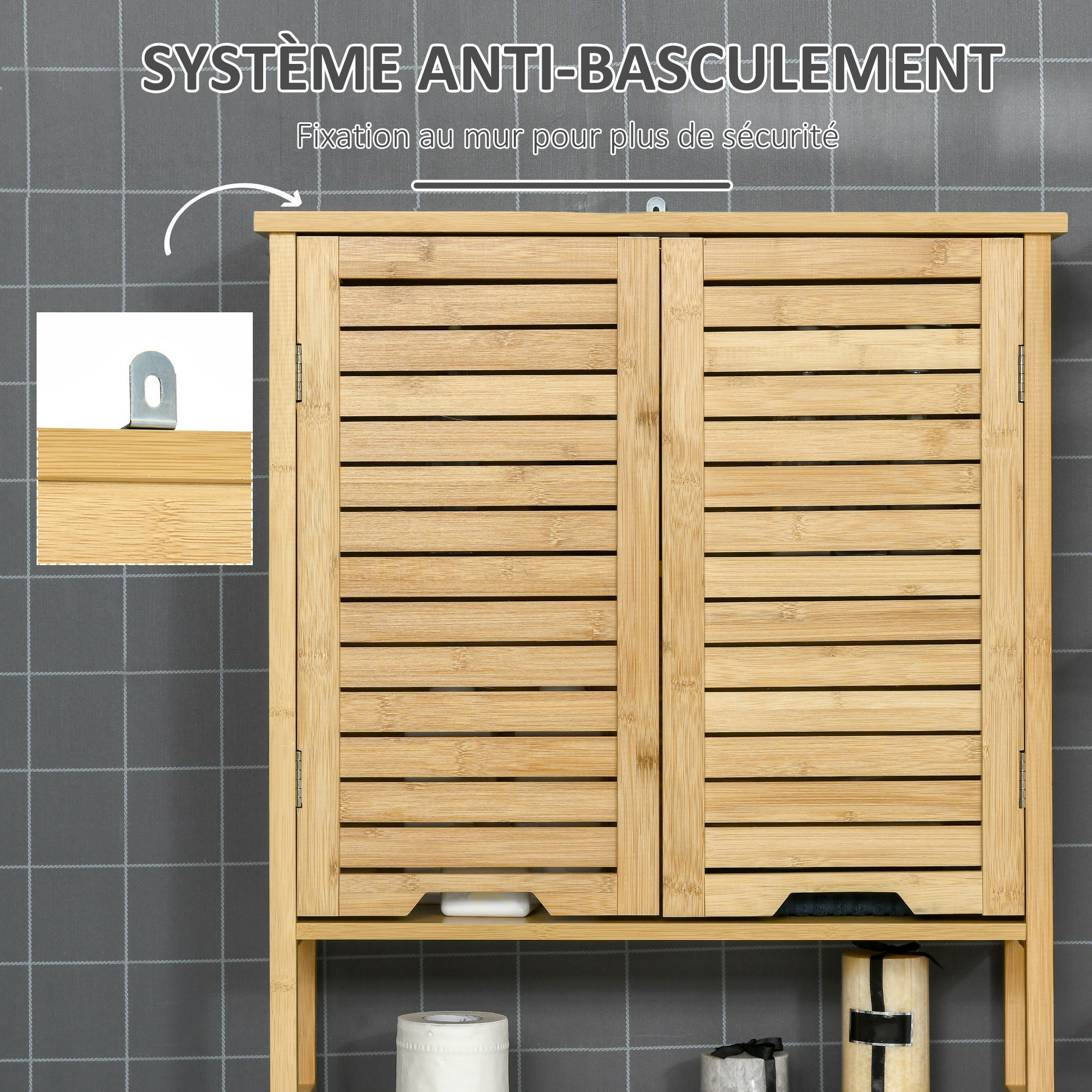 Meuble WC meuble dessus toilettes style cosy dim. 60L x 23l x 173H cm portes à lattes étagère bambou MDF aspect bois clair