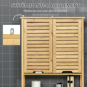 Meuble WC meuble dessus toilettes style cosy dim. 60L x 23l x 173H cm portes à lattes étagère bambou MDF aspect bois clair