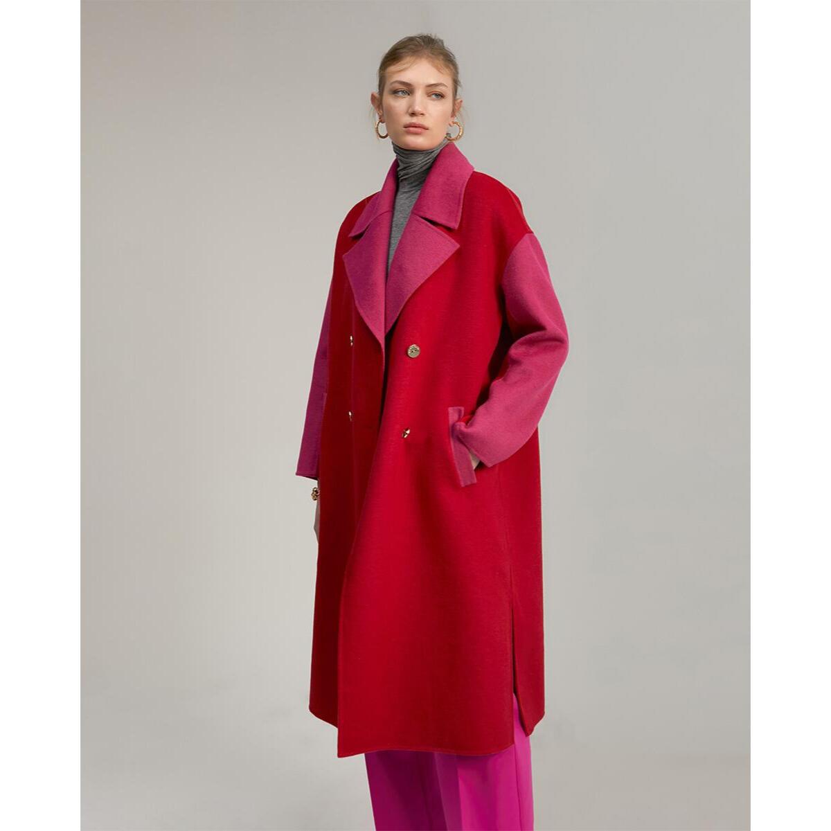 Cappotto lungo bicolore in lana double face fatto a mano