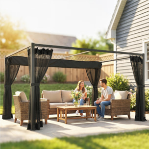 Pérgola de Jardín 3x4 m con Techo Retráctil y 4 Paredes Laterales de Malla, Cenador de Jardín con Estructura de Aluminio, UPF30+, Pabellón para Exterior, Patio, Terraza, Gris Oscuro
